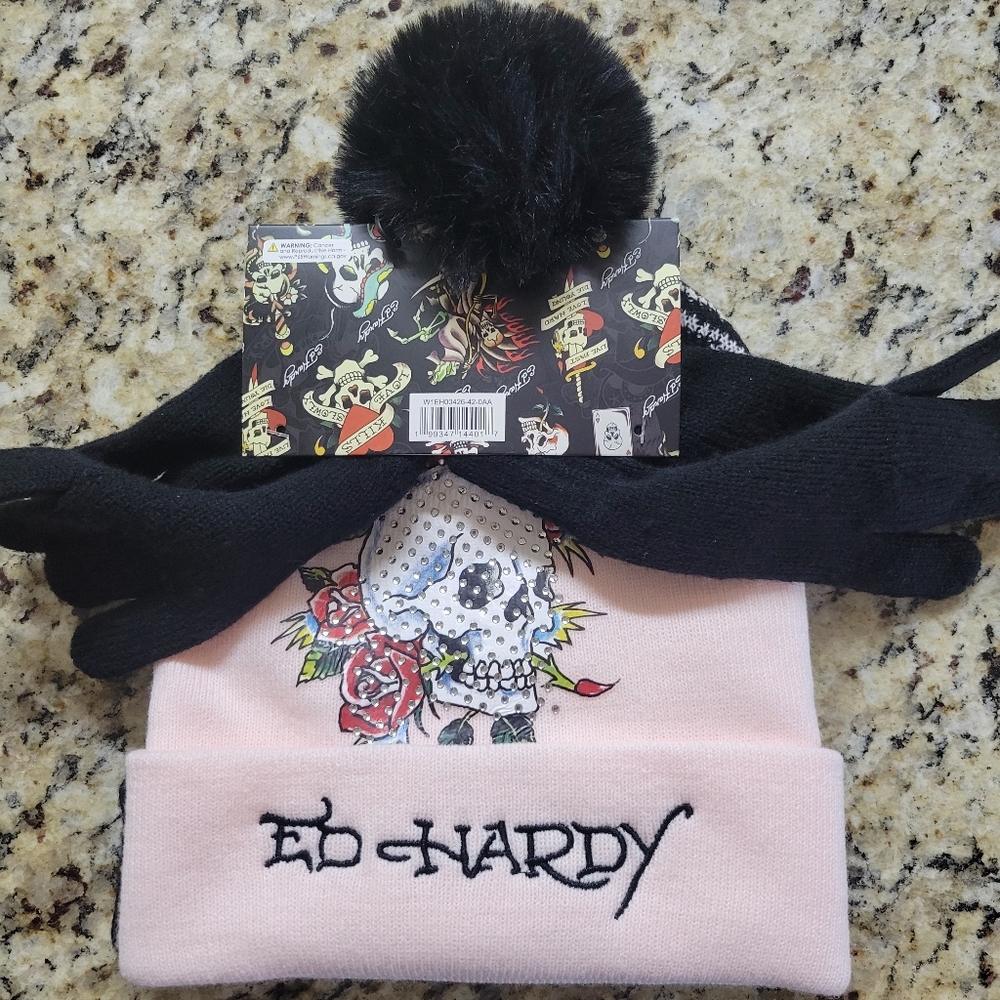 Ed Hardy Set of 2 Beanies Light Pink w/Skull & Black & White Beanie w/Blk Gloves
